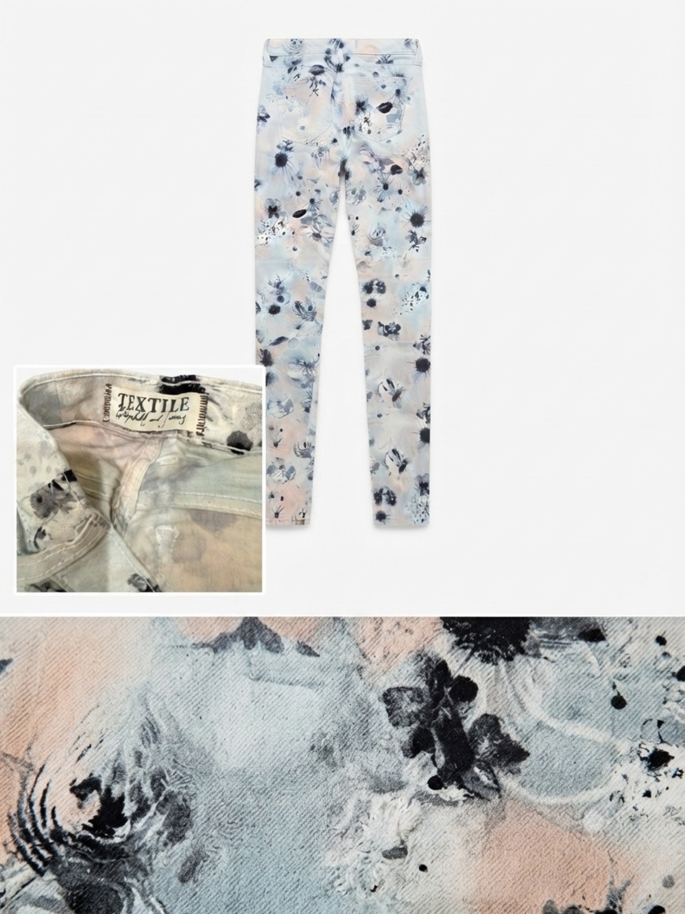 Floral Stretch Jeans - Pastel Blue/Pink